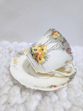 Crown Staffordshire Hand Painted Tea Cup Saucer 1930s Floral Cottage Core